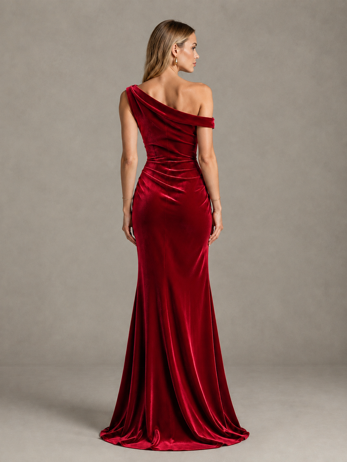 BOLODOO Red One-Shoulder Velvet Mermaid Evening Gown - Red - Red_2