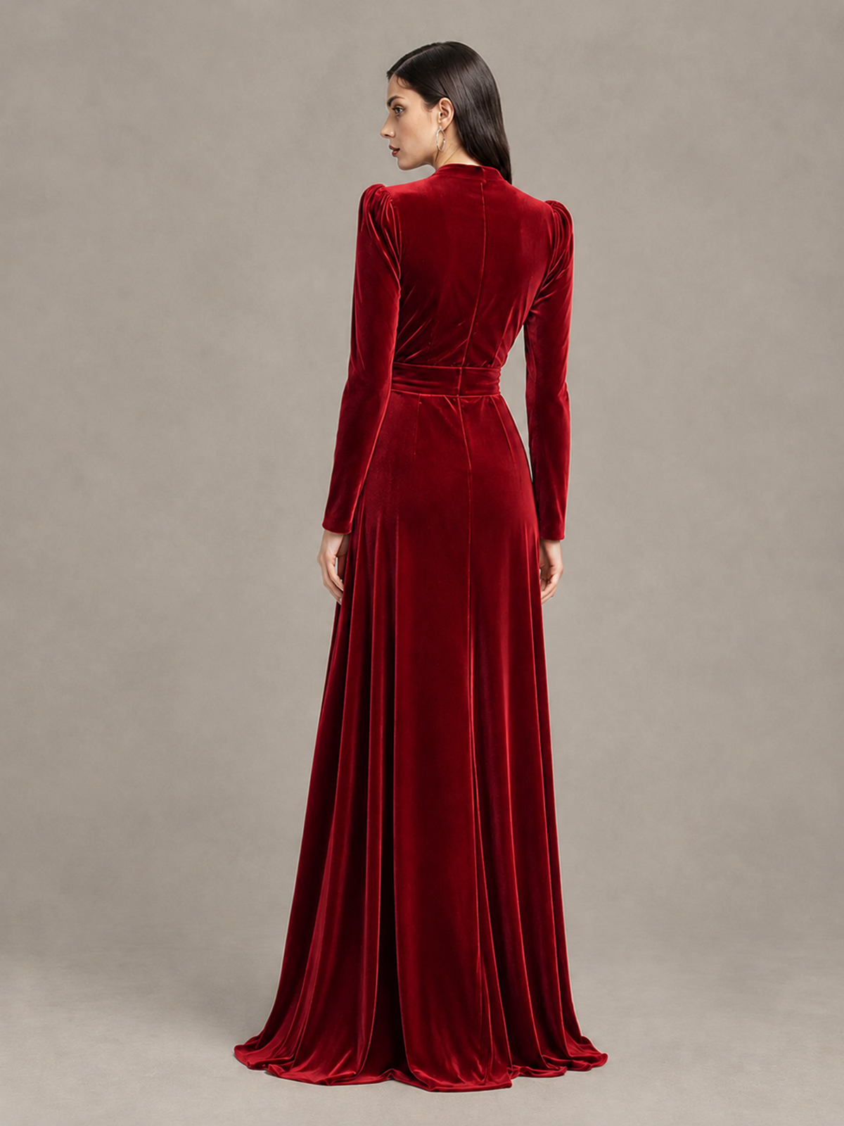 BOLODOO Red Long Sleeve Velvet-Look Evening Dress with High Slit - Red - Red_2