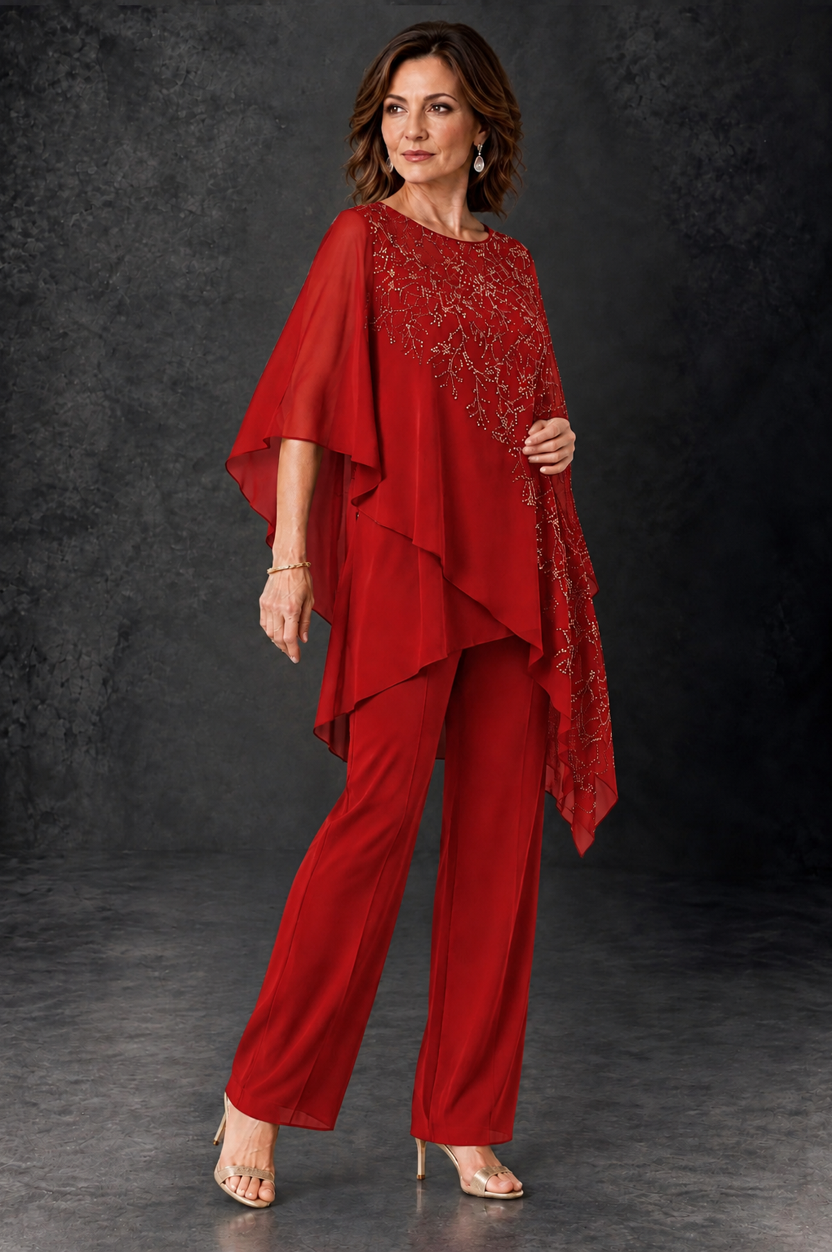 BOLODOO Red Embellished Cape Pant Suit for Mother of the Bride - Red - Red_2