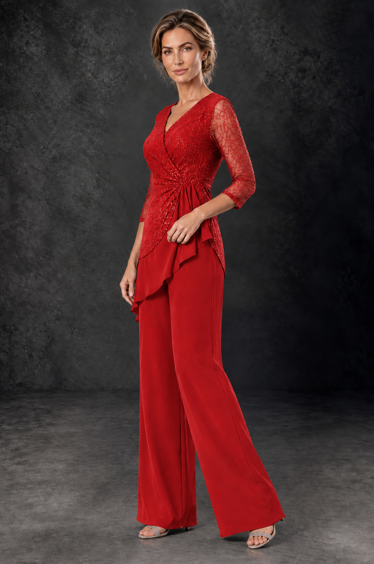 BOLODOO Red Sequin Lace 3/4 Sleeve Chiffon Mother of the Bride Pant Suit - Red - Red_2
