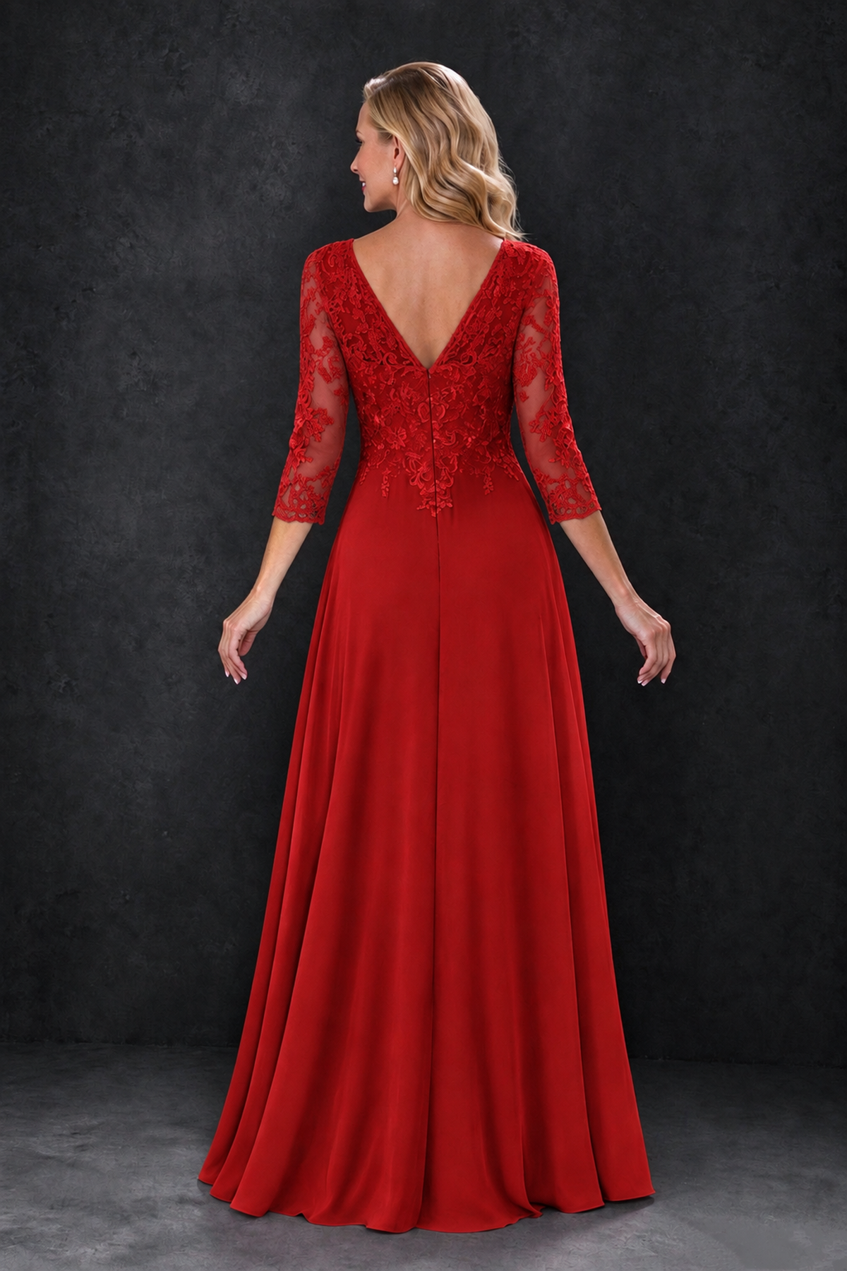 BOLODOO Red Lace Embroidered Mother of the Bride Dress with 3/4 Sleeves - Red - Red_2