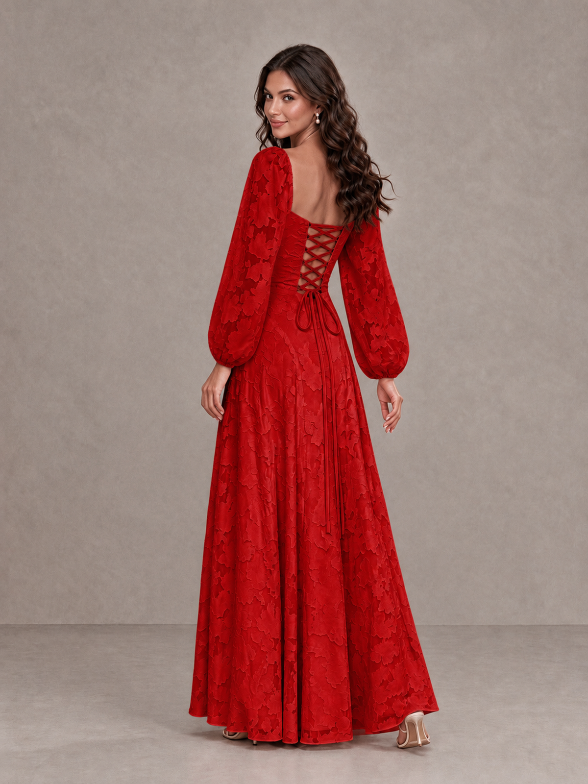 BOLODOO Red Floral Long Sleeve A-Line Bridesmaid Dress - Red - Red_2