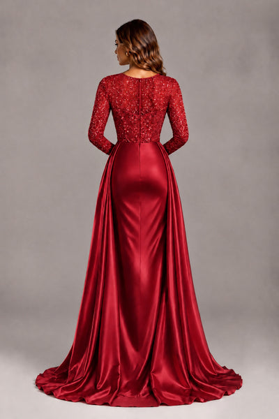 BOLODOO Red Long Sleeve Embellished Satin Evening Gown with Sweep Train - Red - Red_2