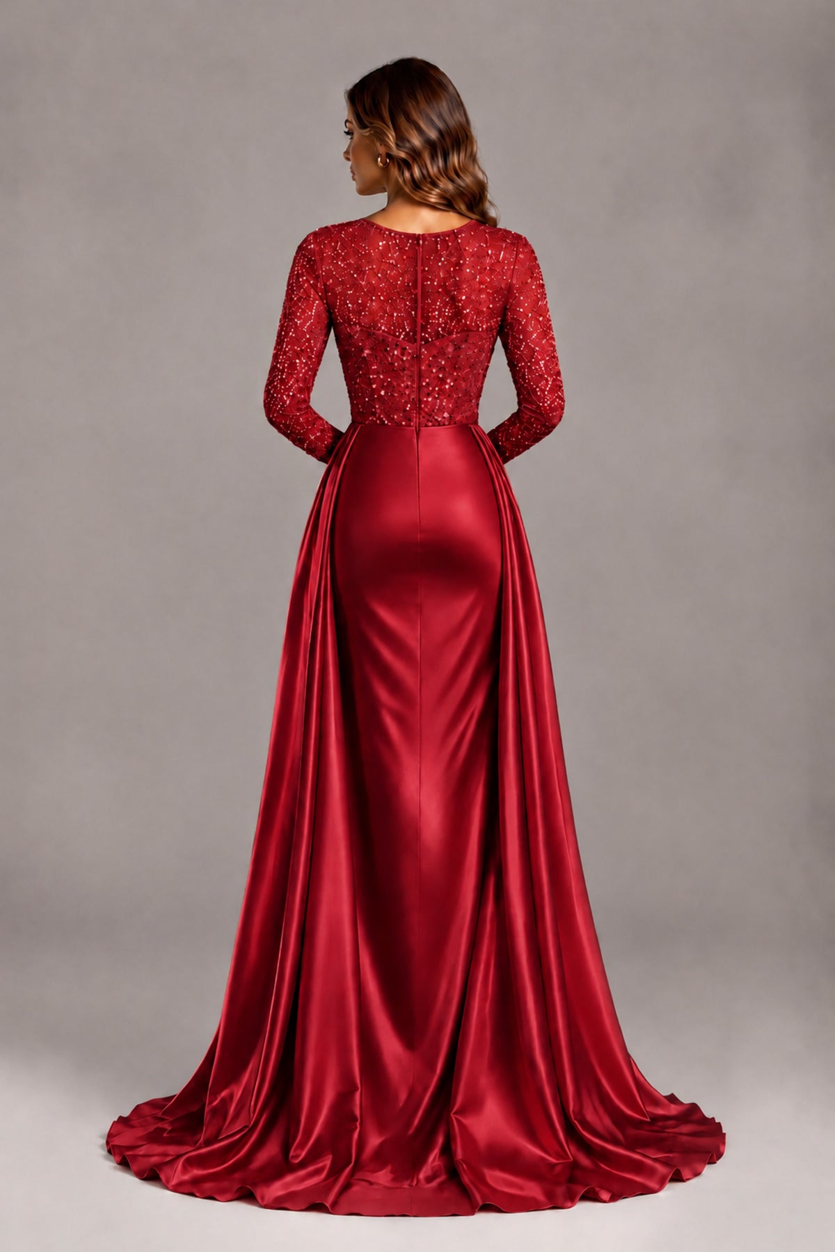 BOLODOO Red Long Sleeve Embellished Satin Evening Gown with Sweep Train - Red - Red_2