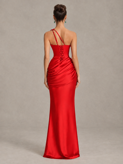 BOLODOO Red One-Shoulder Cutout Satin Mermaid Prom Dress - Red - Red_2