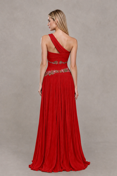 BOLODOO Red One-Shoulder Floral Applique A-Line Evening Dress - Red - Red_2