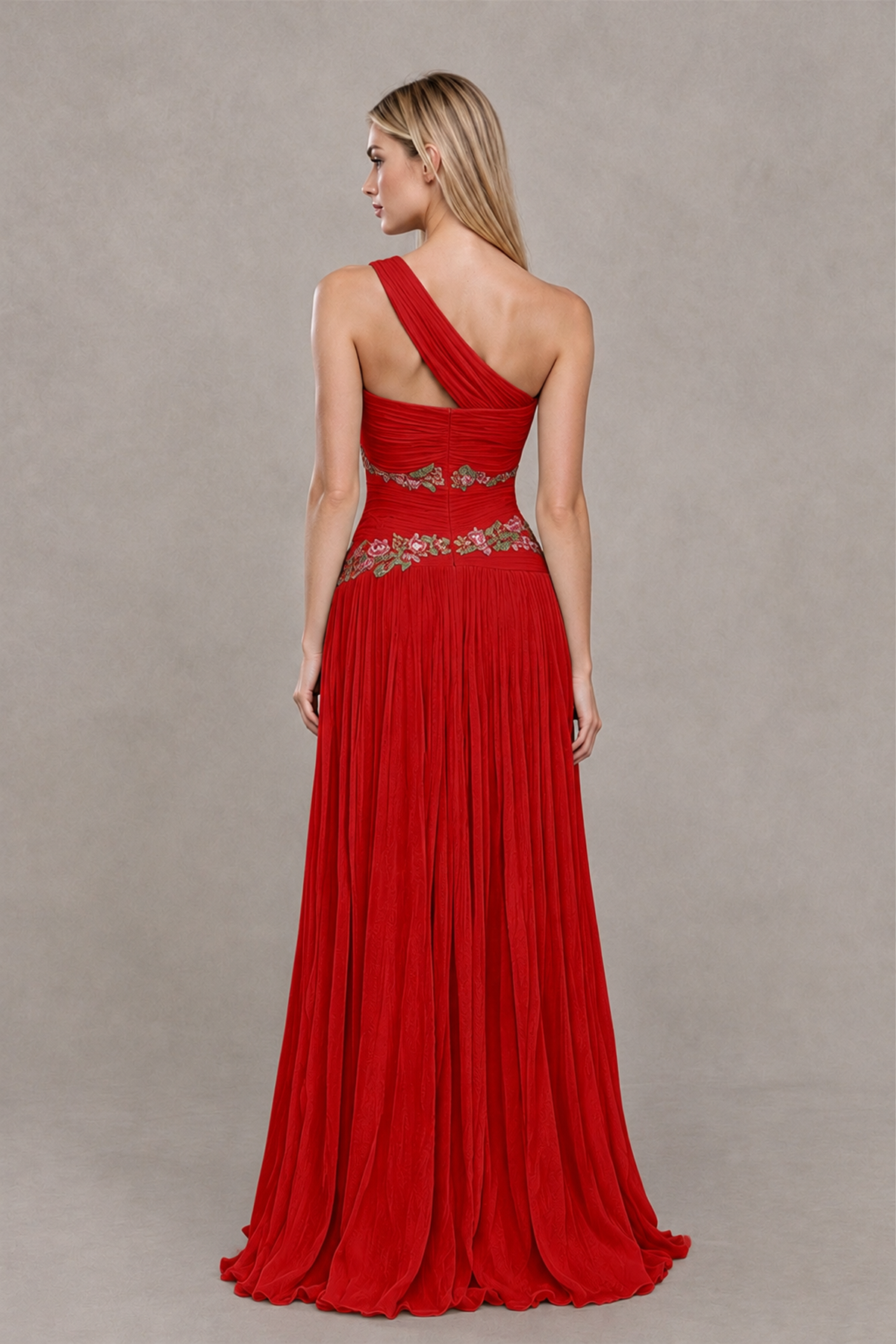 BOLODOO Red One-Shoulder Floral Applique A-Line Evening Dress - Red - Red_2