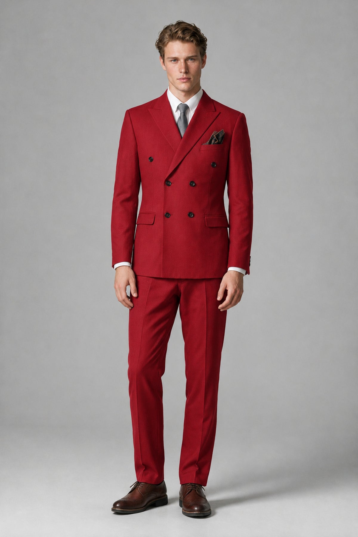 Bolodoo Men's Red Double-Breasted Two-Piece Suit with Peak Lapels - Red - Red_2