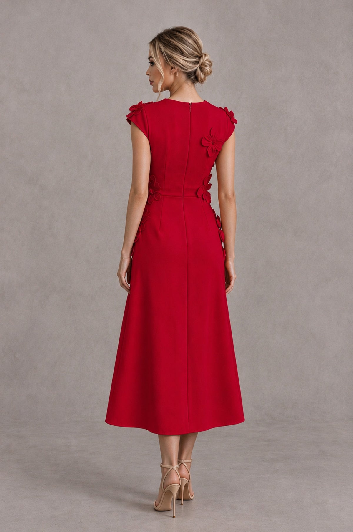 BOLODOO Red 3D Floral Cap Sleeve Midi Cocktail Dress - Red - Red_2