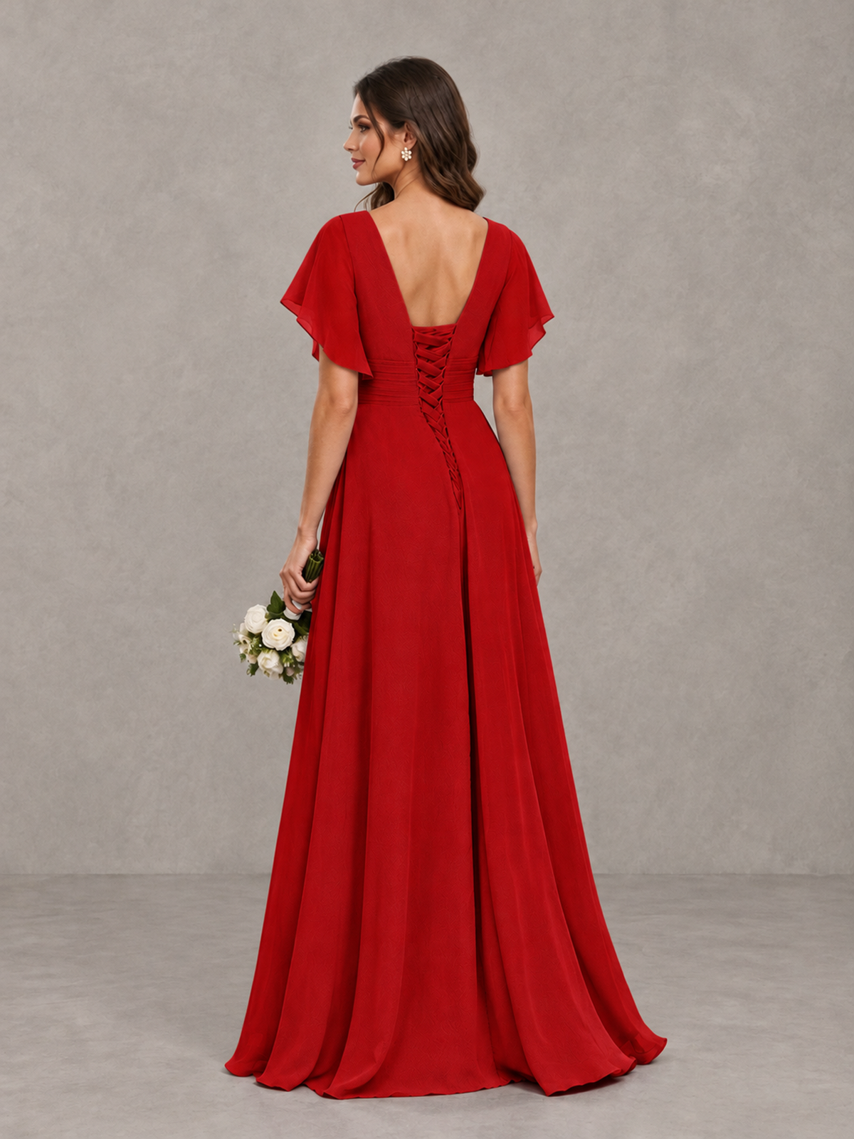 BOLODOO Red Flutter Sleeve V-Neck Bridesmaid Dress with Ruffle Slit - Red - Red_2
