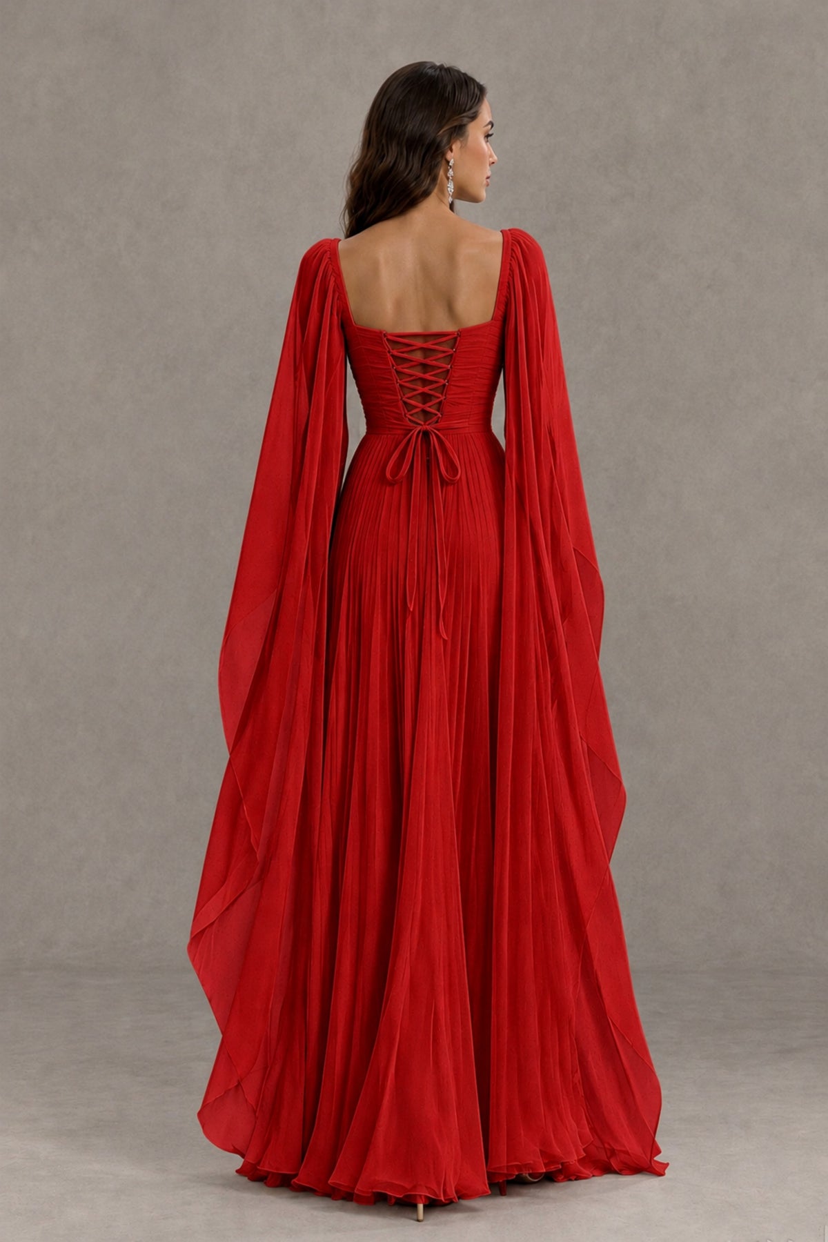 BOLODOO Red Square Neck Cape Sleeve A-Line Evening Dress - Red - Red_2