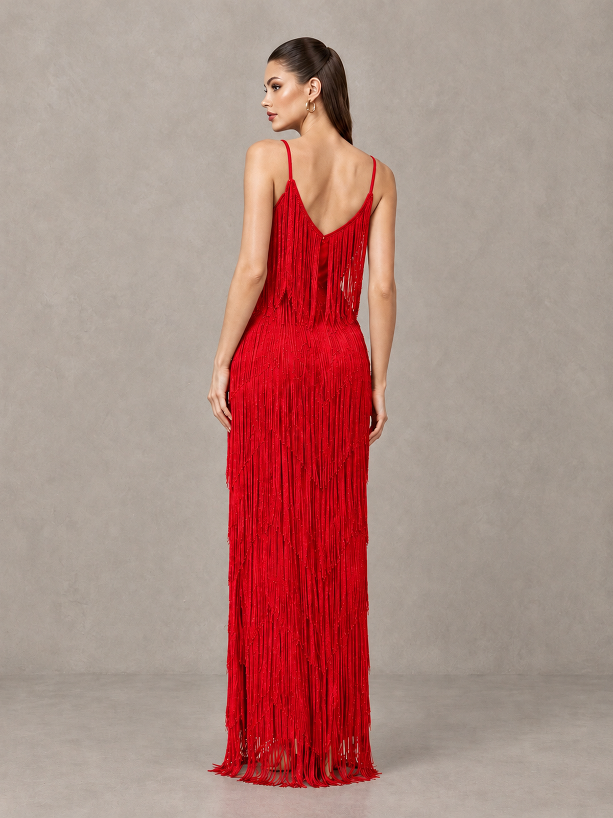 BOLODOO Red V-Neck Spaghetti Strap Fringe Maxi Evening Dress - Red - Red_2