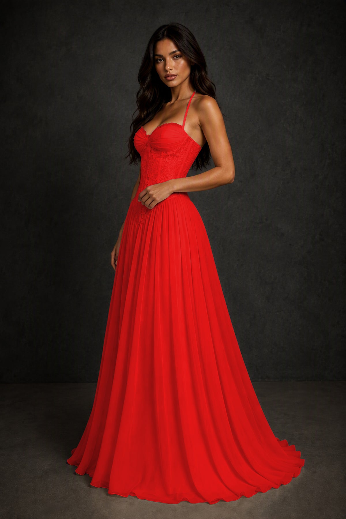 BOLODOO Red Lace Corset Halter Maxi Gown – Backless A-Line Formal Dress - Red