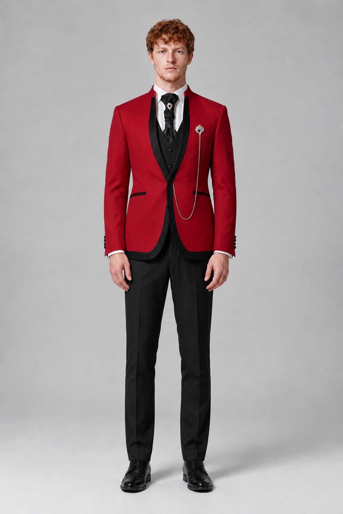 Bolodoo Men's Red 3-Piece Shawl Lapel Tuxedo Suit with Vest - Red - Red_2
