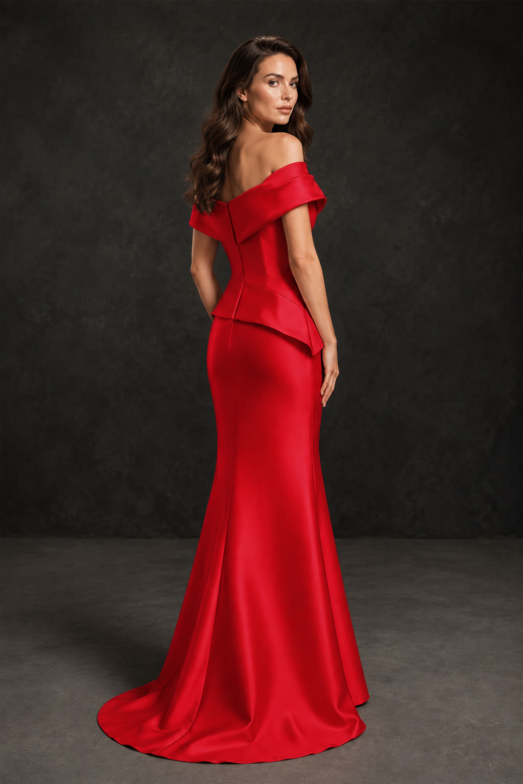 BOLODOO Red Satin Off-Shoulder Sweetheart Asymmetric Peplum Mermaid Gown with Red Floral Embroidery | MOB Evening Dress - Red