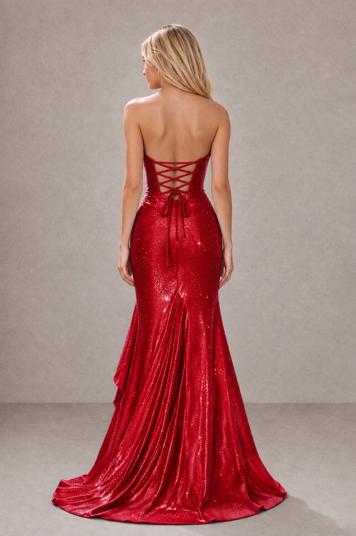 BOLODOO Red Strapless Corset Mermaid Prom Dress with Ruffle Slit - Red - Red_2
