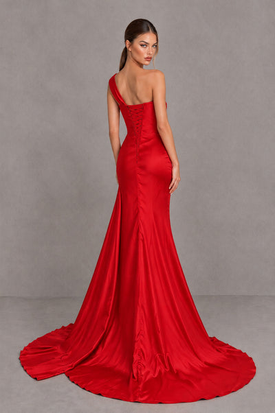 BOLODOO Red One Shoulder Satin Mermaid Evening Dress with Ruched Slit Skirt - Red - Red_2