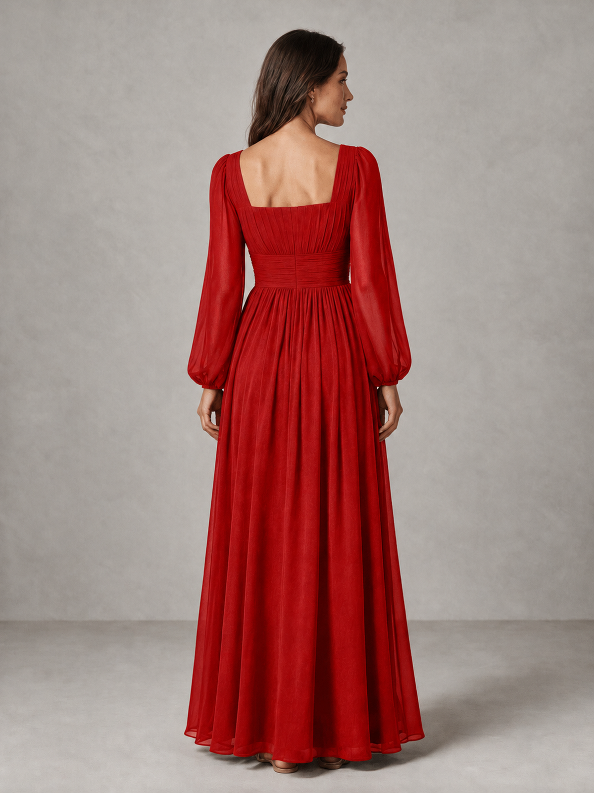 BOLODOO Red Square Neck Long Sleeve Chiffon Bridesmaid Dress - Red - Red_2