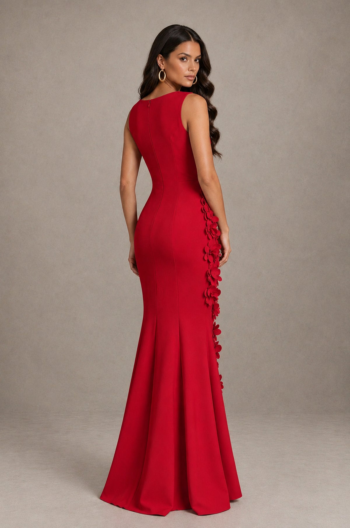 BOLODOO Red Bateau Neck Sleeveless Asymmetric Peplum 3D Petal Appliqué Mermaid Gown BD0421 - Red - Red_2