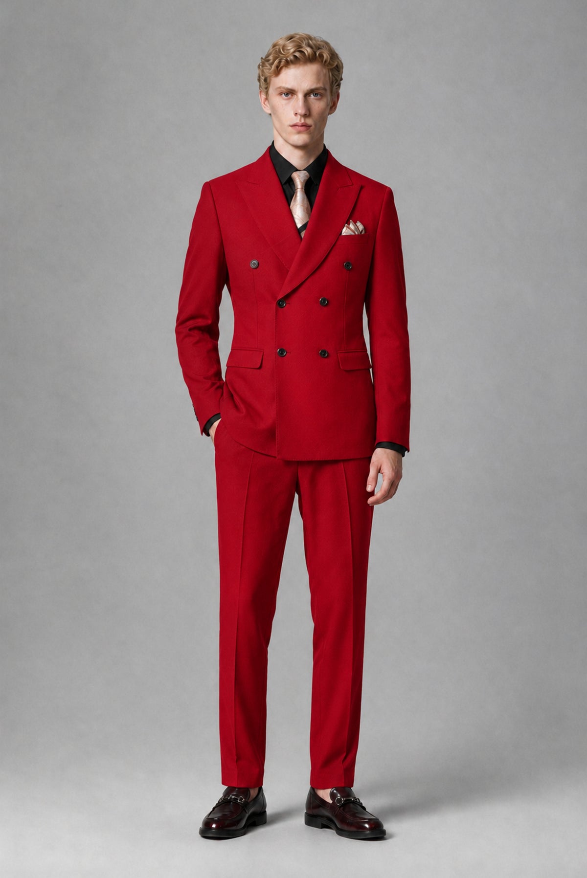 BOLODOO Men's Red Double-Breasted Two-Piece Suit – Jacket & Trousers - Red