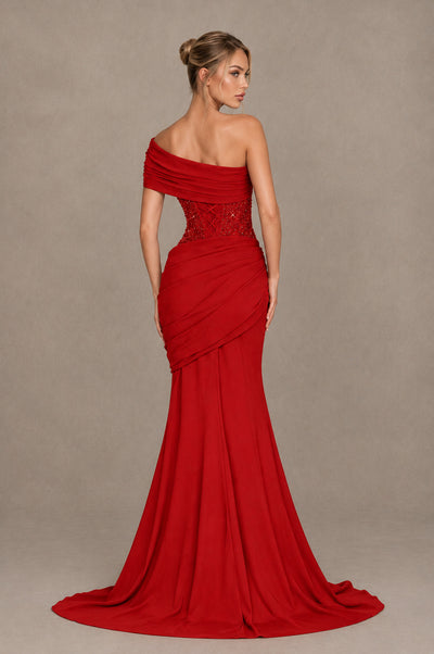 BOLODOO Red One-Shoulder Sequin Embroidered Ruched Mermaid Gown with Train - Red - Red_2