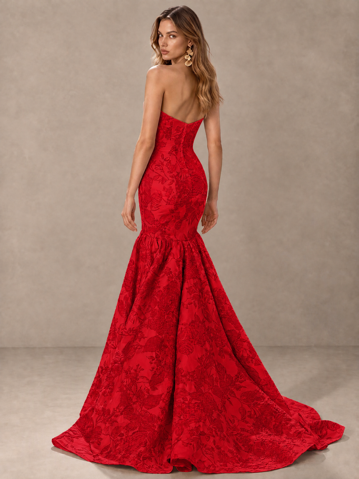 BOLODOO Red Floral Strapless Mermaid Prom Dress with Train - Red - Red_2