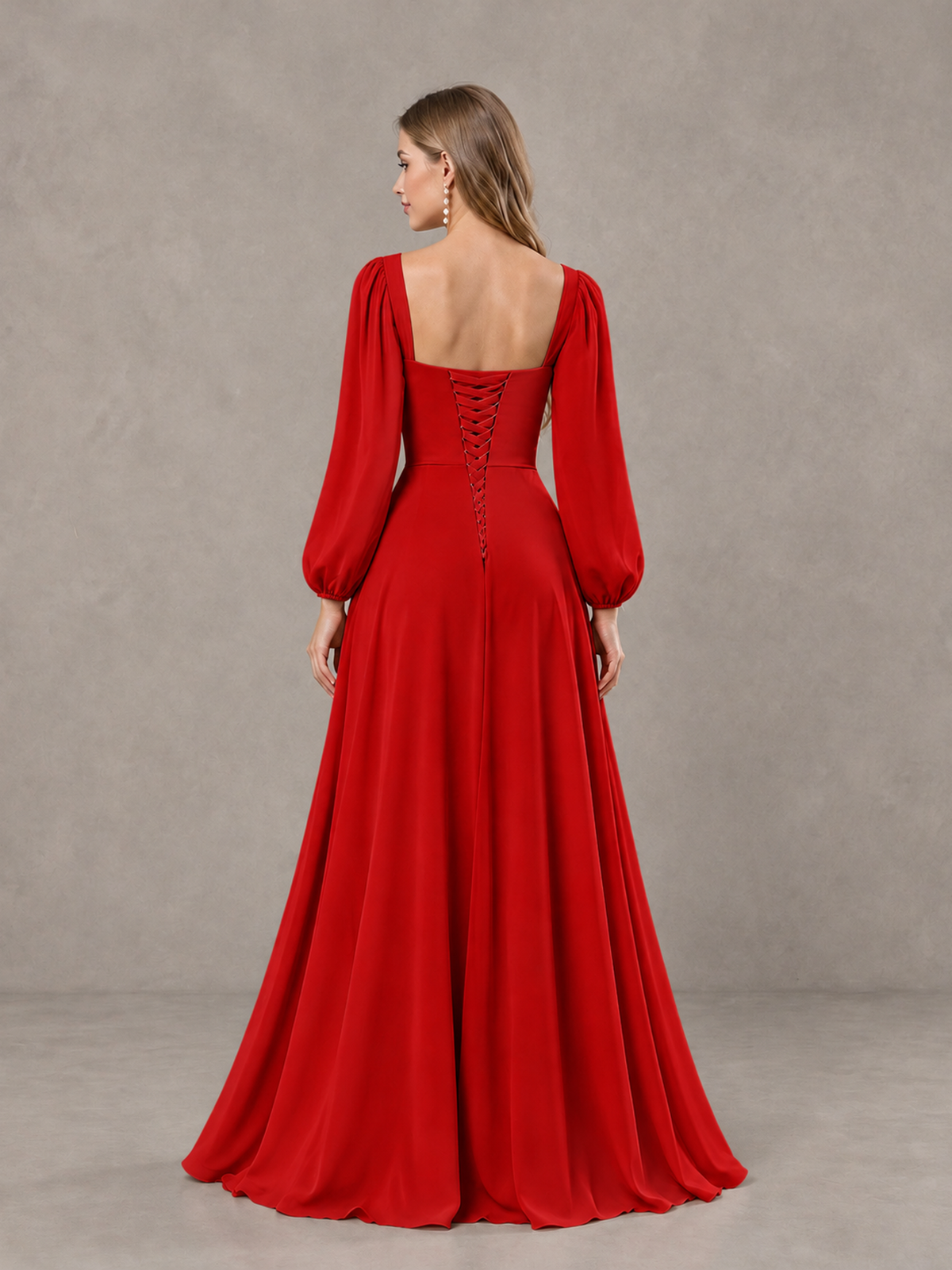 BOLODOO Red Square Neck Long Sleeve Bridesmaid Dress with Ruffle Slit - Red - Red_2