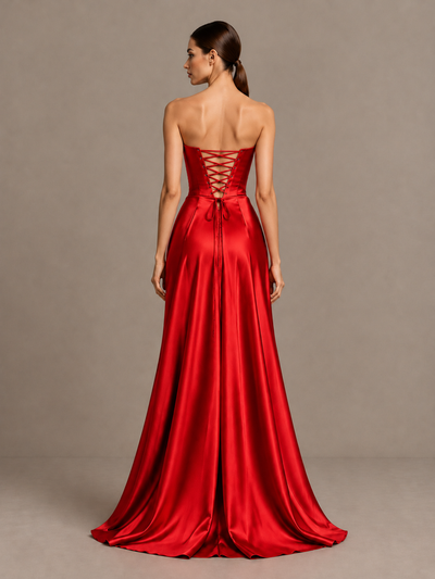 BOLODOO Red Strapless Satin High-Slit Lace-Up Prom Dress - Red - Red_2