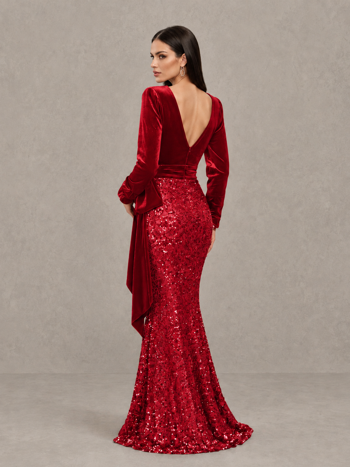 BOLODOO Red Velvet & Sequin Long Sleeve V-Neck Mermaid Evening Gown - Red - Red_2