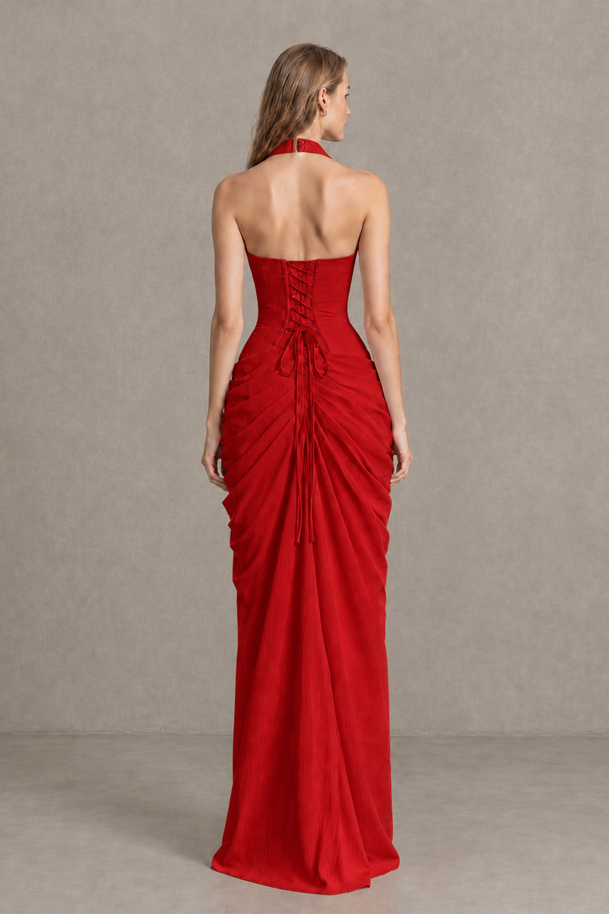 BOLODOO Red Halter Neck Ruched Maxi Dress with High Slit - Red - Red_2