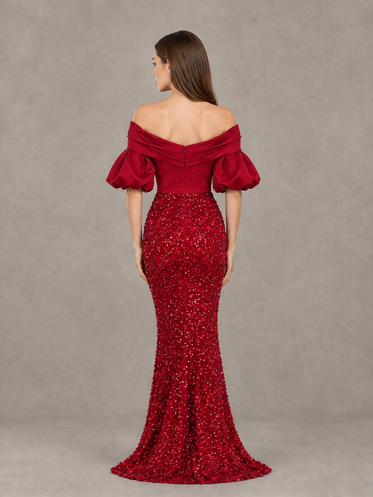 BOLODOO Red Off-Shoulder Puff Sleeve Sequin Mermaid Evening Dress - Red - Red_2