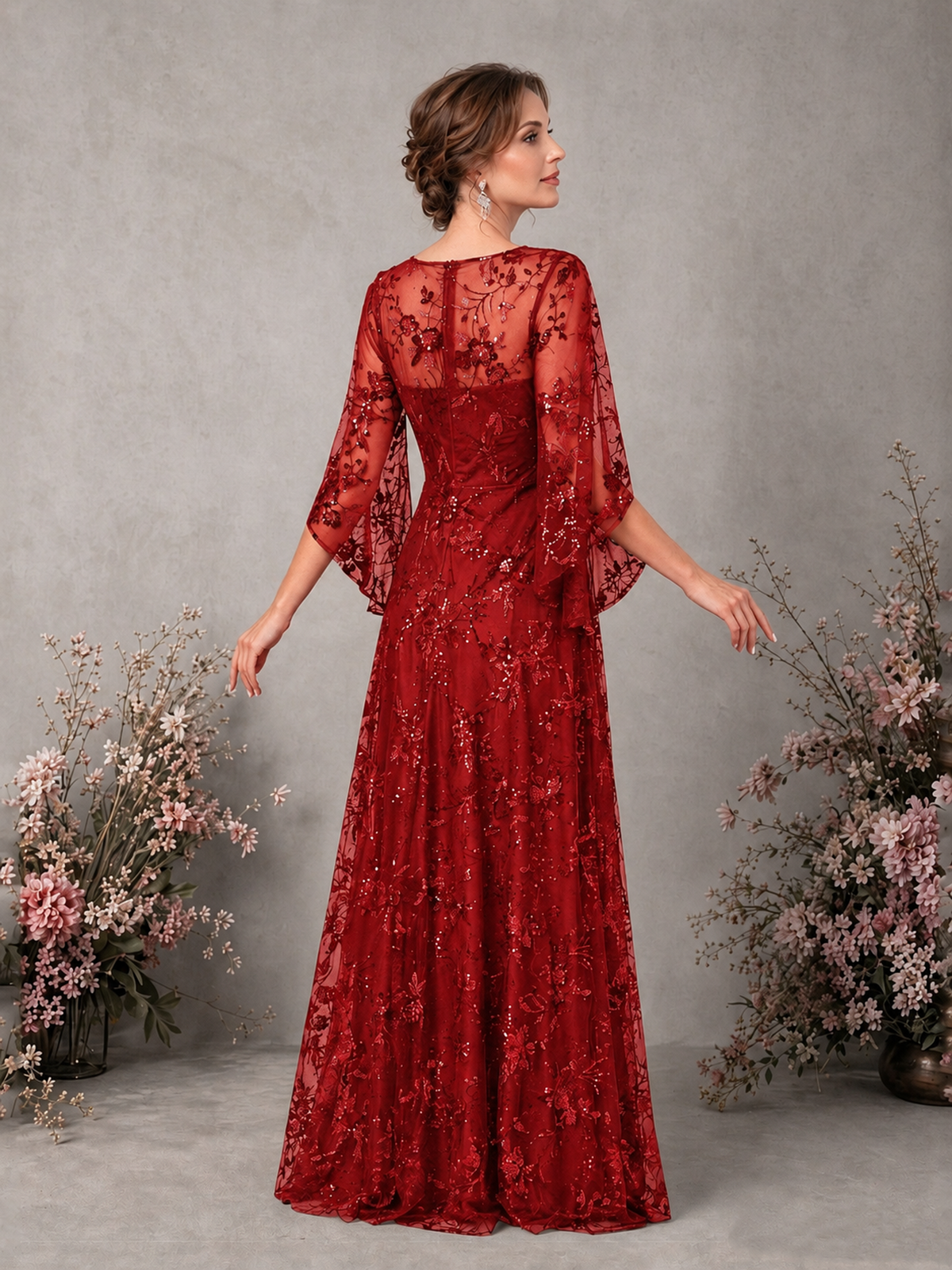 BOLODOO Red Sequin Lace Cape Sleeve Formal Evening Gown - Red - Red_2