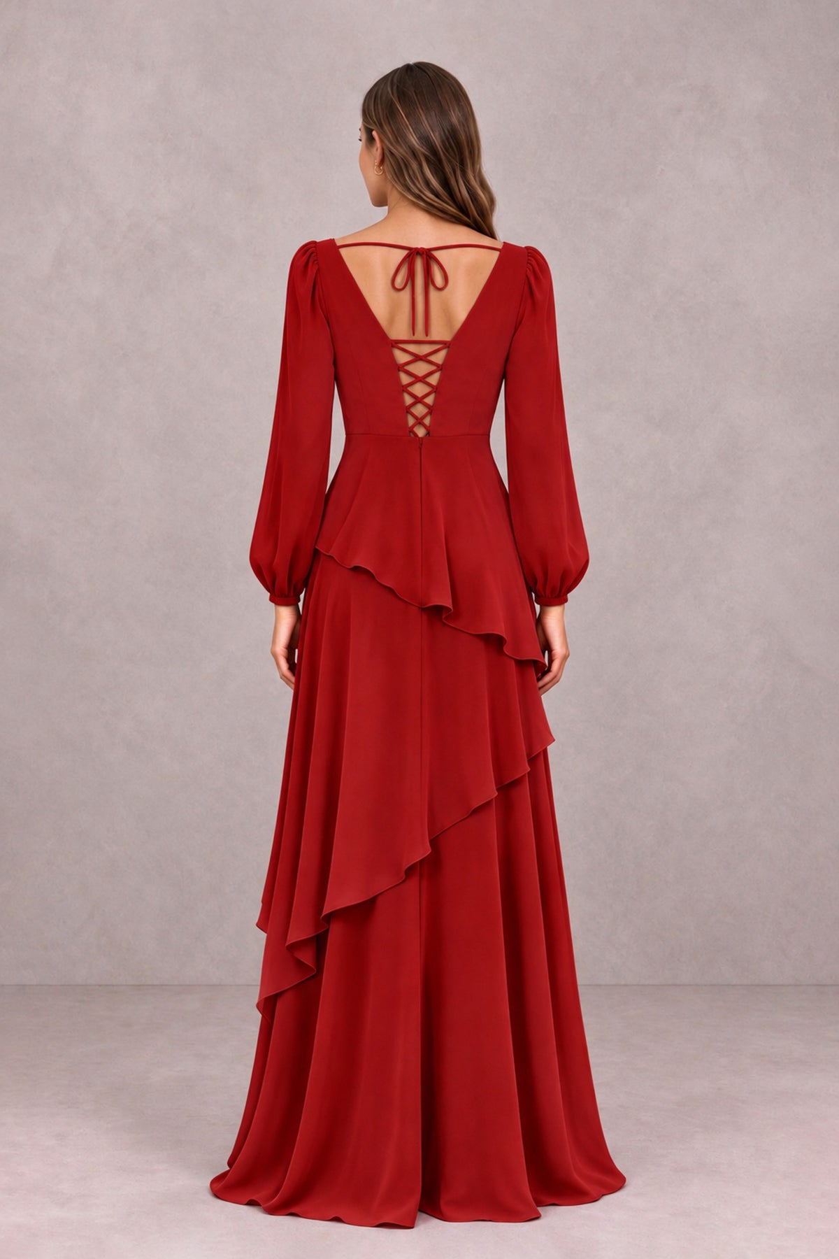 BOLODOO Red Long Sleeve Ruffle Bridesmaid Dresses - Red - Red_2