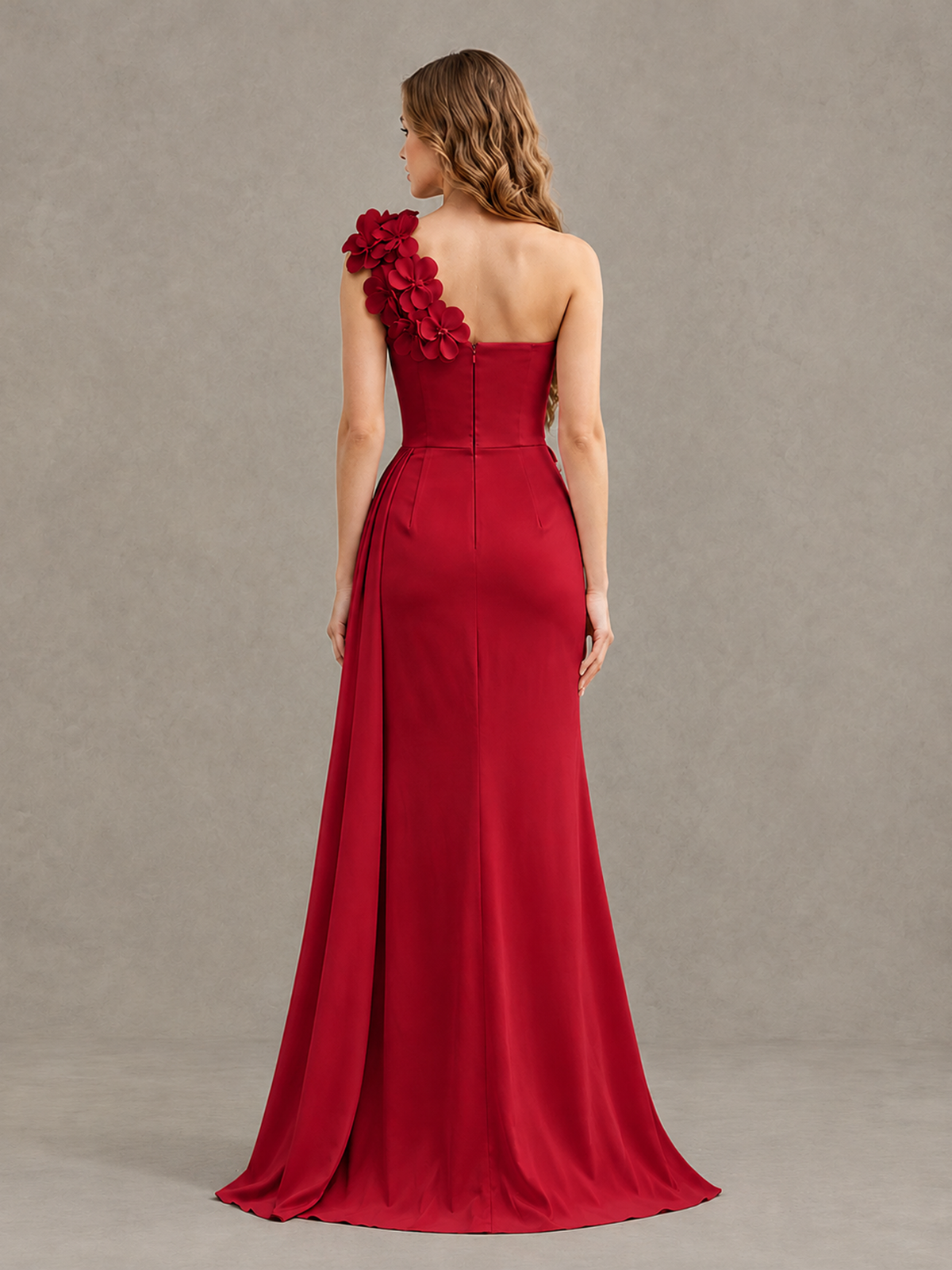 BOLODOO Red One-Shoulder Satin Mermaid Evening Gown with 3D Floral Appliqué - Red - Red_2
