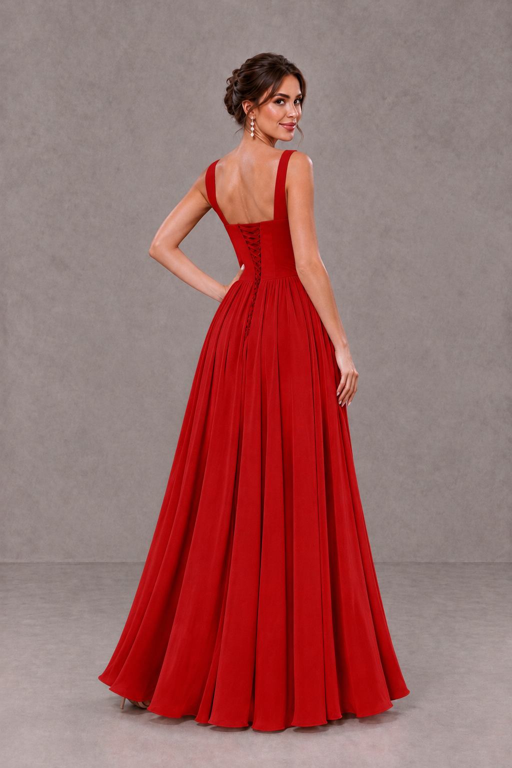 BOLODOO Red Square Neck A-Line Bridesmaid Dress with Slit - Red - Red_2