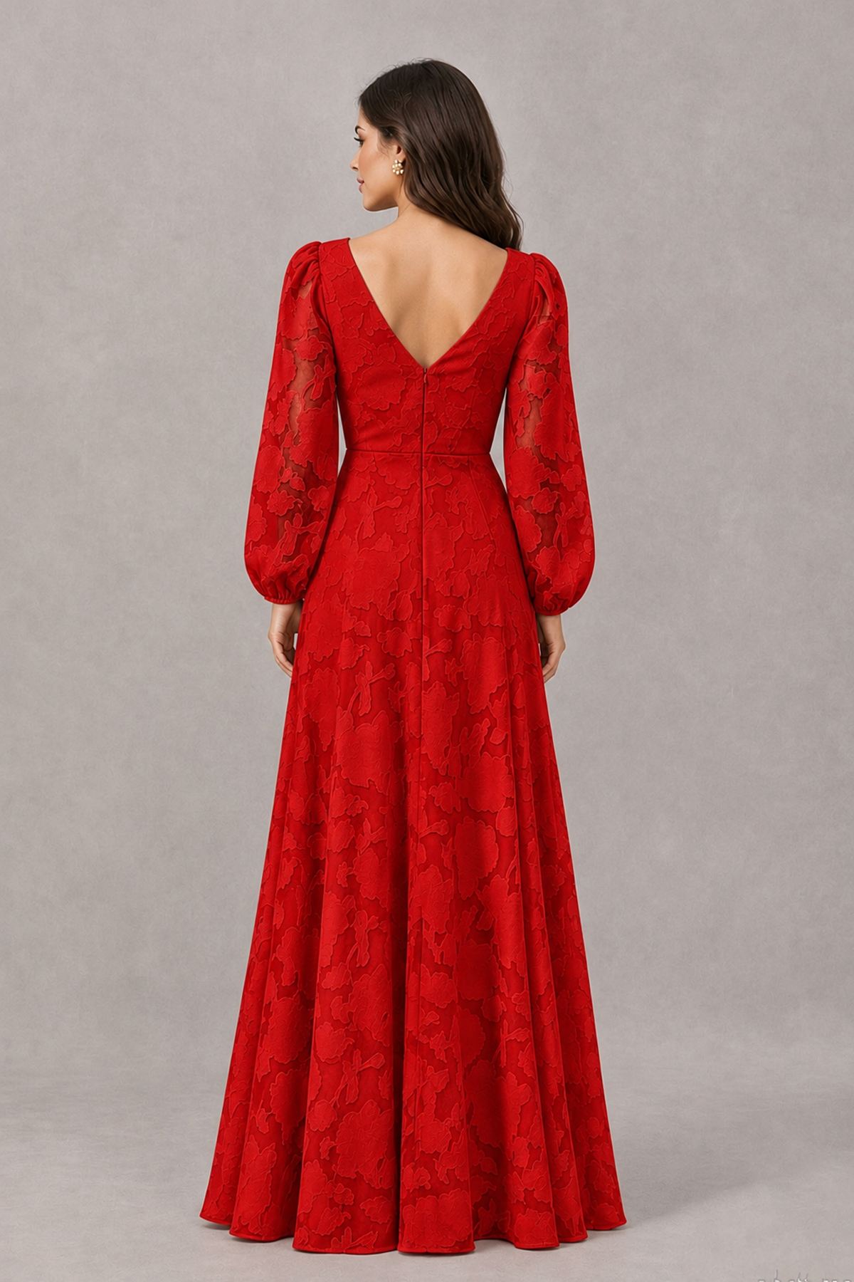 BOLODOO Red Long Sleeve V-Neck A-Line Mother of the Bride Dress - Red - Red_2