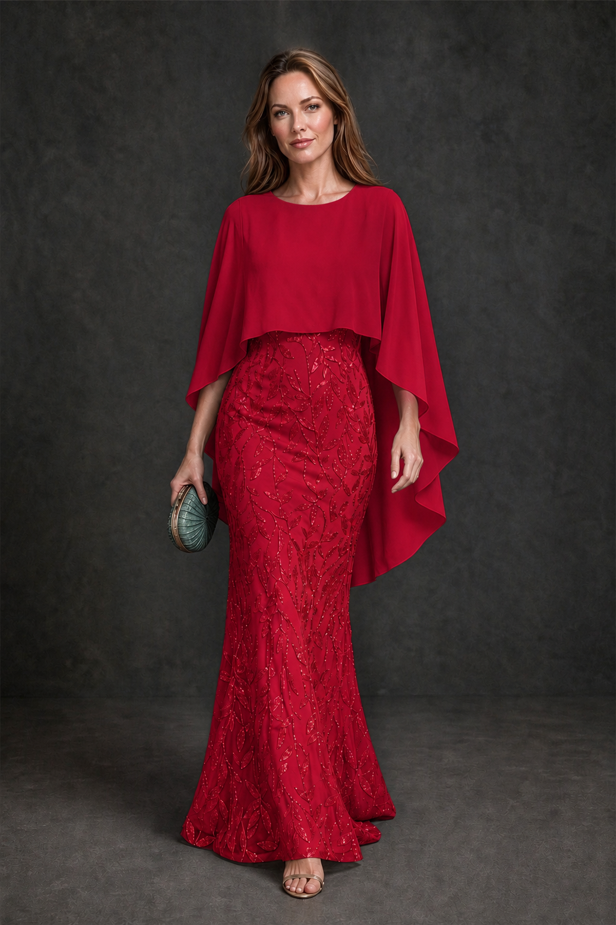 BOLODOO Red Round Neck Chiffon Cape Overlay Sequin Lace Mermaid Maxi Dress - Red - Red_2