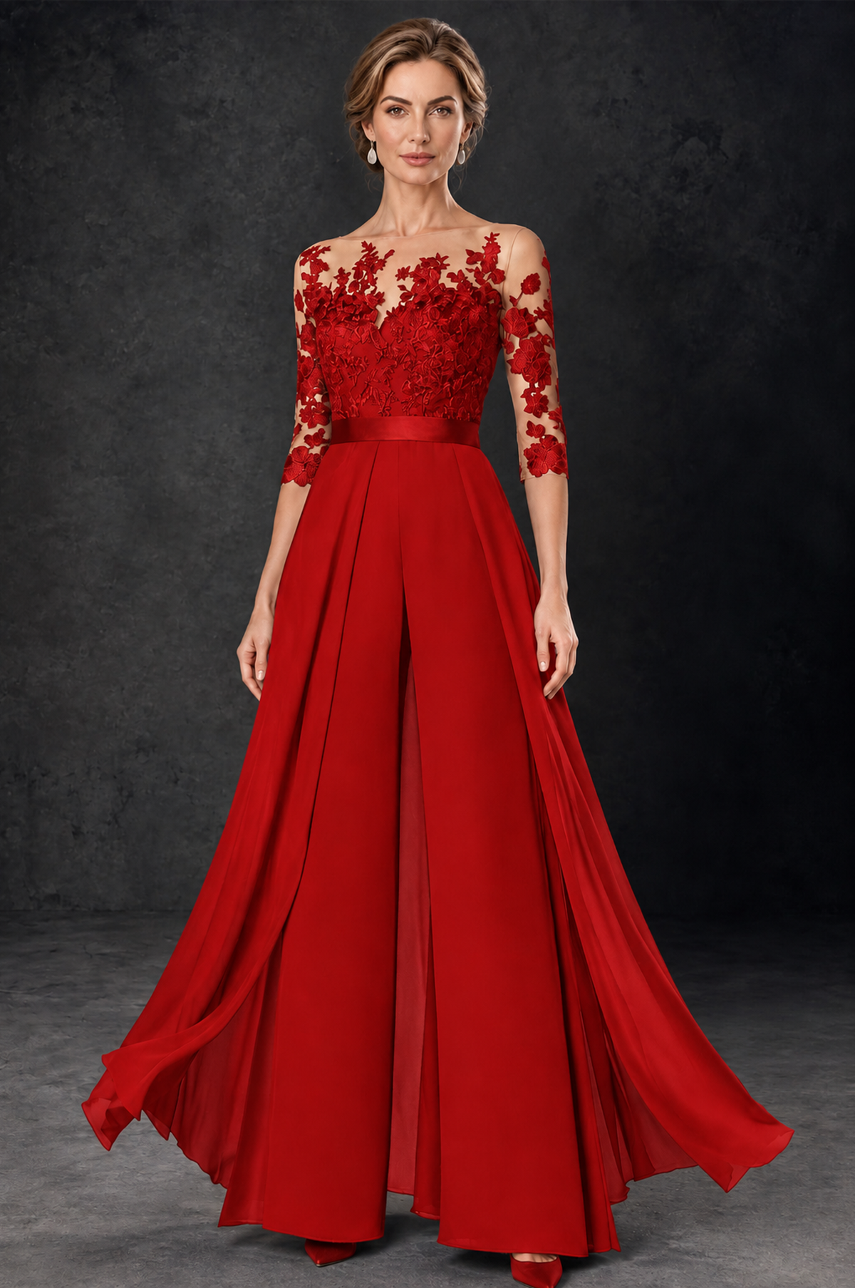 BOLODOO Red Lace Wide-Leg Jumpsuit with Three-Quarter Sleeves - Red - Red_2