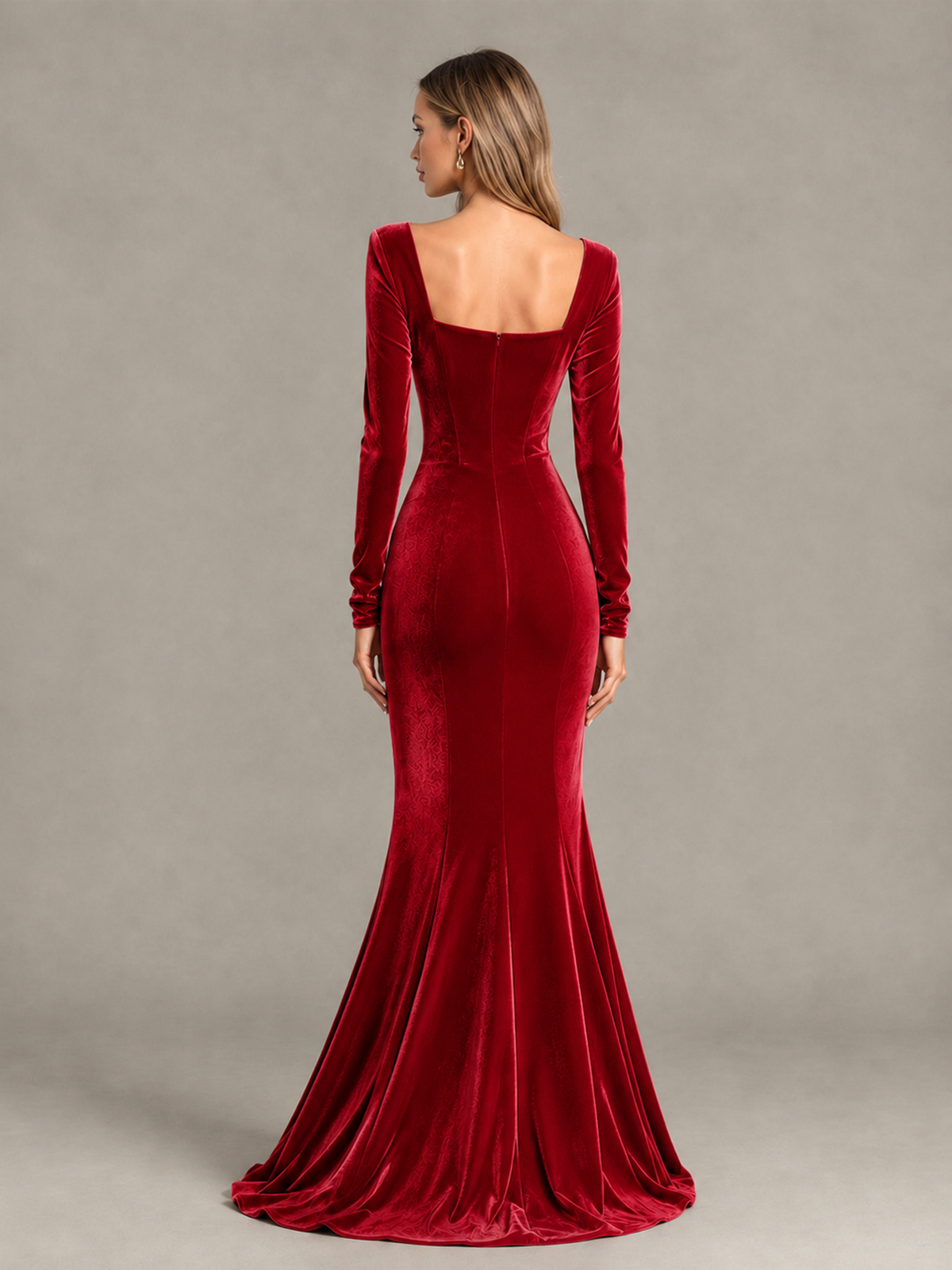 BOLODOO Red Velvet-Look Square Neck Long Sleeve Mermaid Evening Dress - Red - Red_2