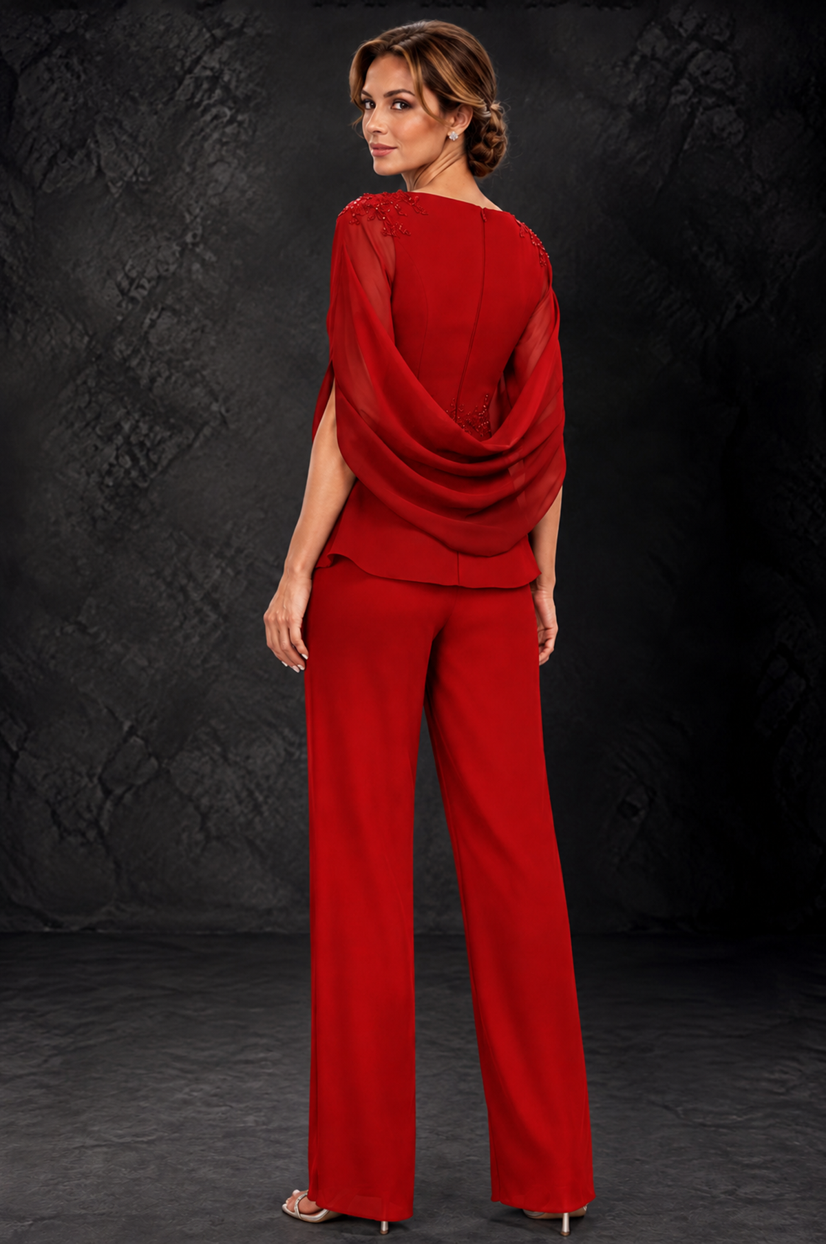 BOLODOO Red Embellished Cape Sleeve Mother of the Bride Pantsuit - Red - Red_2