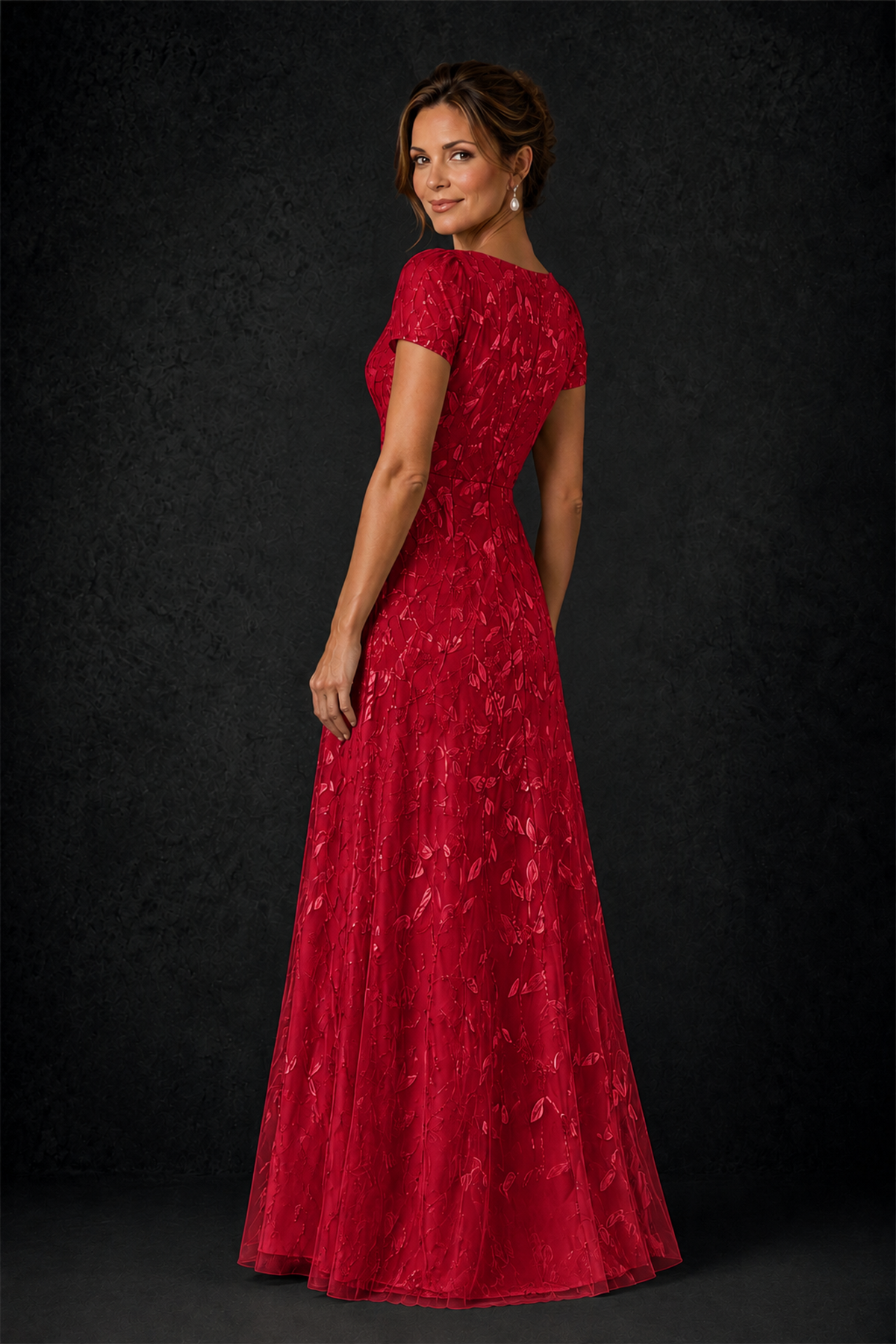 BOLODOO Red Leaf Embroidered A-Line Formal Gown with Cap Sleeves - Red - Red_2