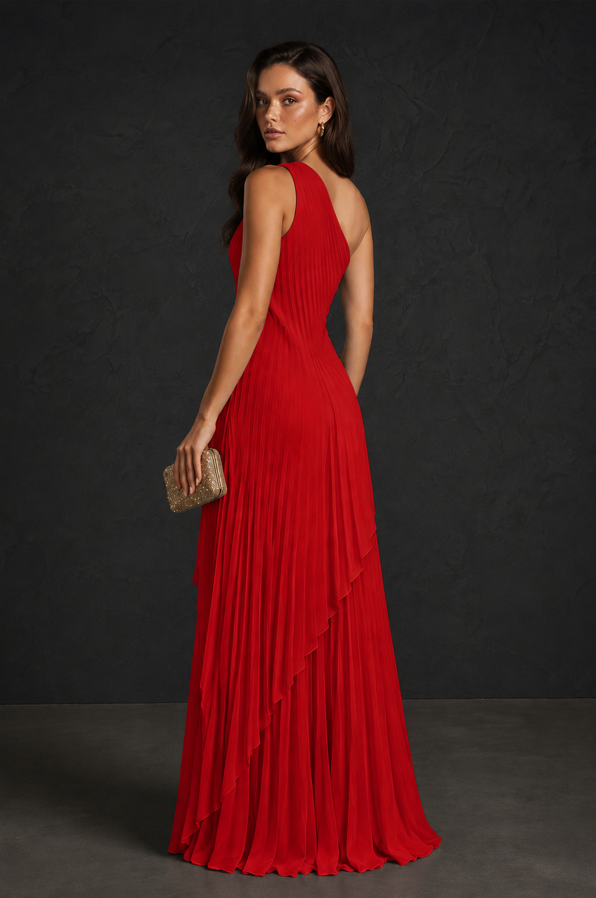 BOLODOO Red One-Shoulder Sunburst Pleated Asymmetric Layered Overlay Accordion Pleated Chiffon Maxi Dress - Red