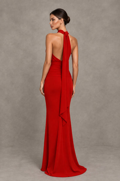 BOLODOO Red Chiffon Halter Maxi Formal Wedding Guest Dress - Red - Red_2
