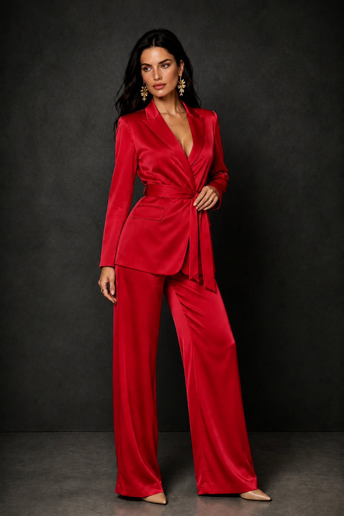 BOLODOO Red Satin Wrap Blazer Wide-Leg Pants Two-Piece Suit Set – Evening Gala Wedding Guest - Red