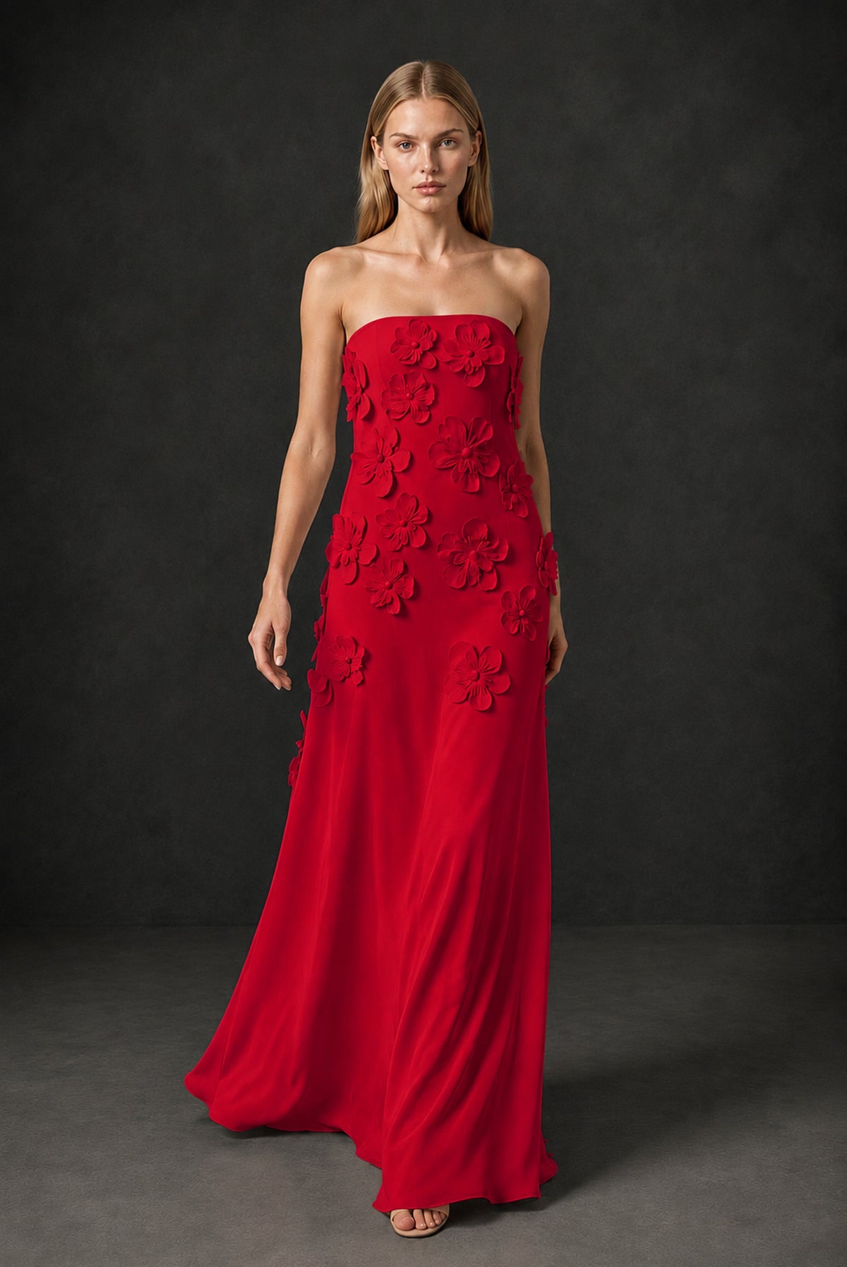 BOLODOO Red Strapless 3D Floral Appliqué Crepe Maxi Gown - Red