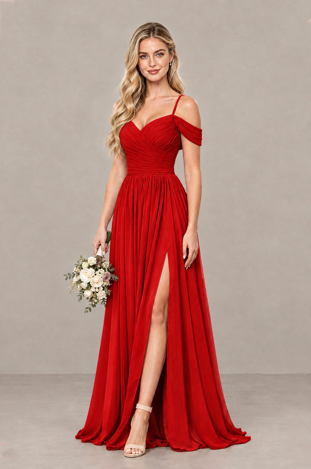 BOLODOO Red Off-Shoulder Bridesmaid Dress with Slit - Red