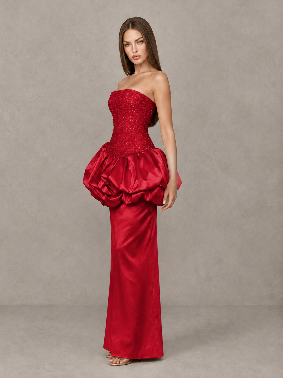 BOLODOO Red Strapless Embellished Bubble Peplum Evening Dress - Red - Red_3