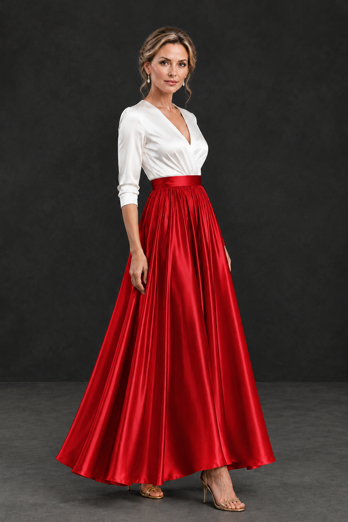 BOLODOO Red and White V-Neck A-Line Mother of the Bride Dress - Red - Red_3
