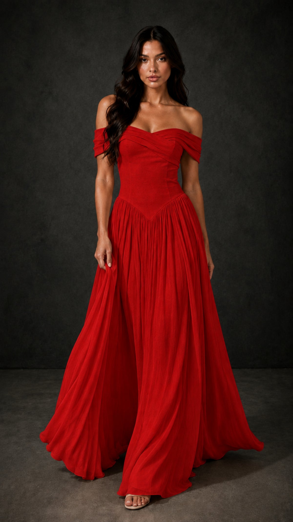 BOLODOO Red Off-Shoulder Sweetheart Corset Pleated Chiffon Maxi Dress - Red