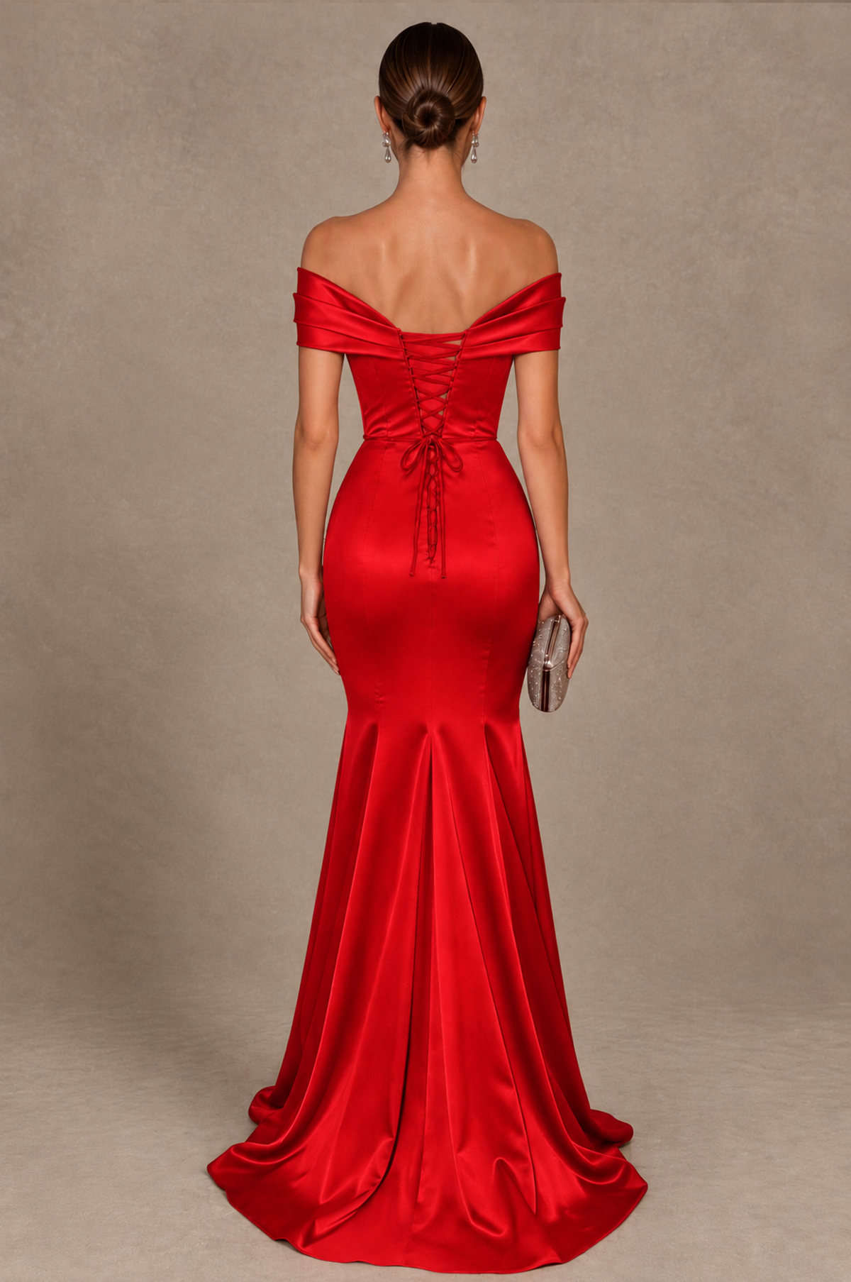 BOLODOO Red Off-the-Shoulder Ruched Satin Mermaid Evening Dress - Red - Red_3